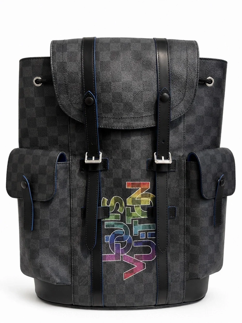 Louis Vuitton Christopher PM Backpack in Damier Graphite with Rainbow Logo.